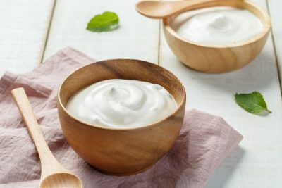 wooden bowls of yogurt